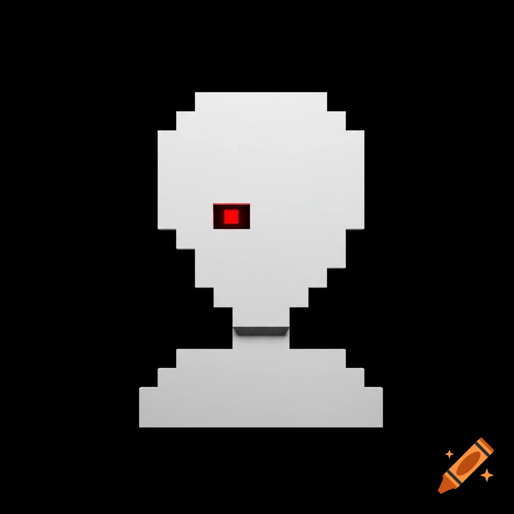 White pixelated silhouette with one red eye against a black background.