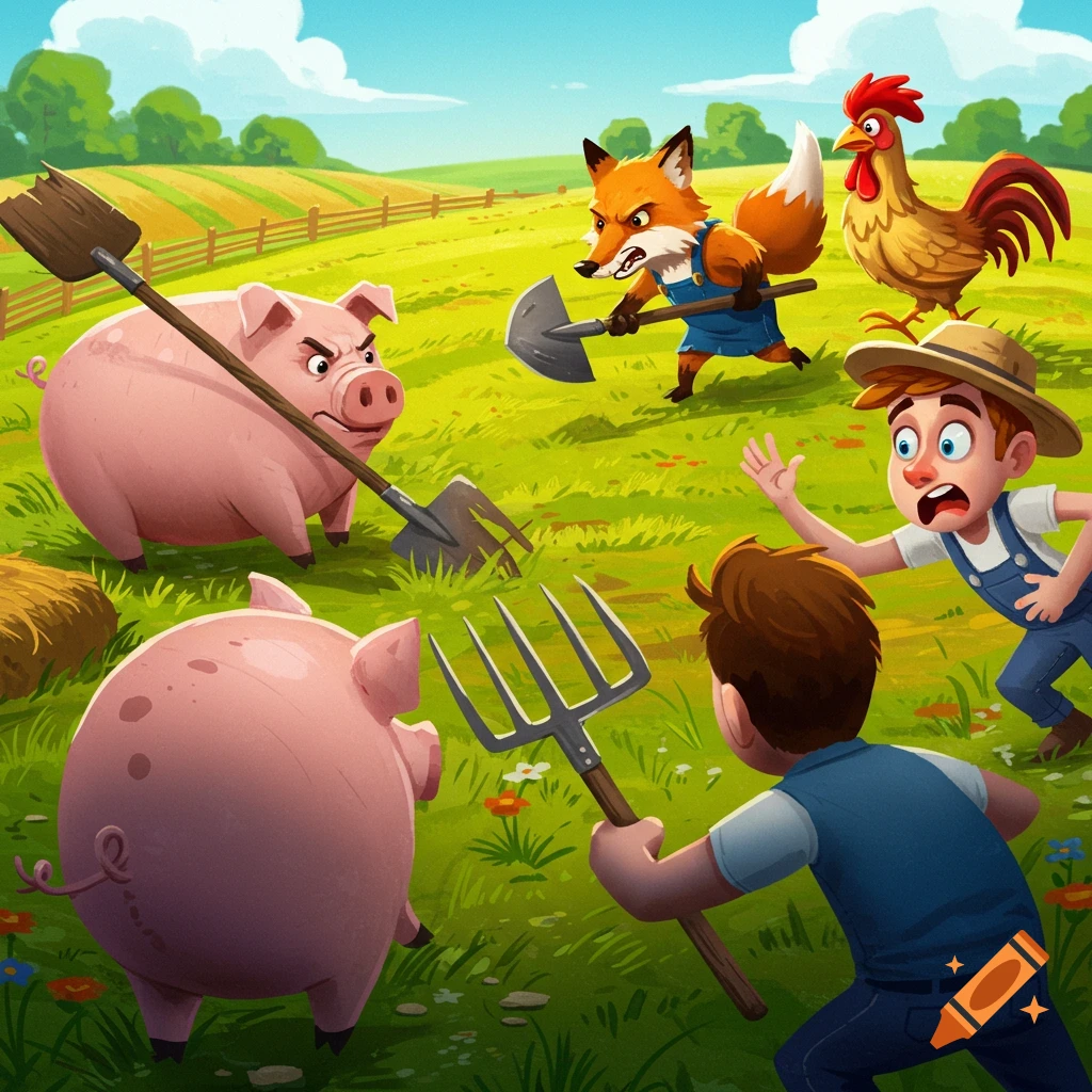 Cartoon illustration of pigs, a fox, and a chicken fighting farmers on a farm.