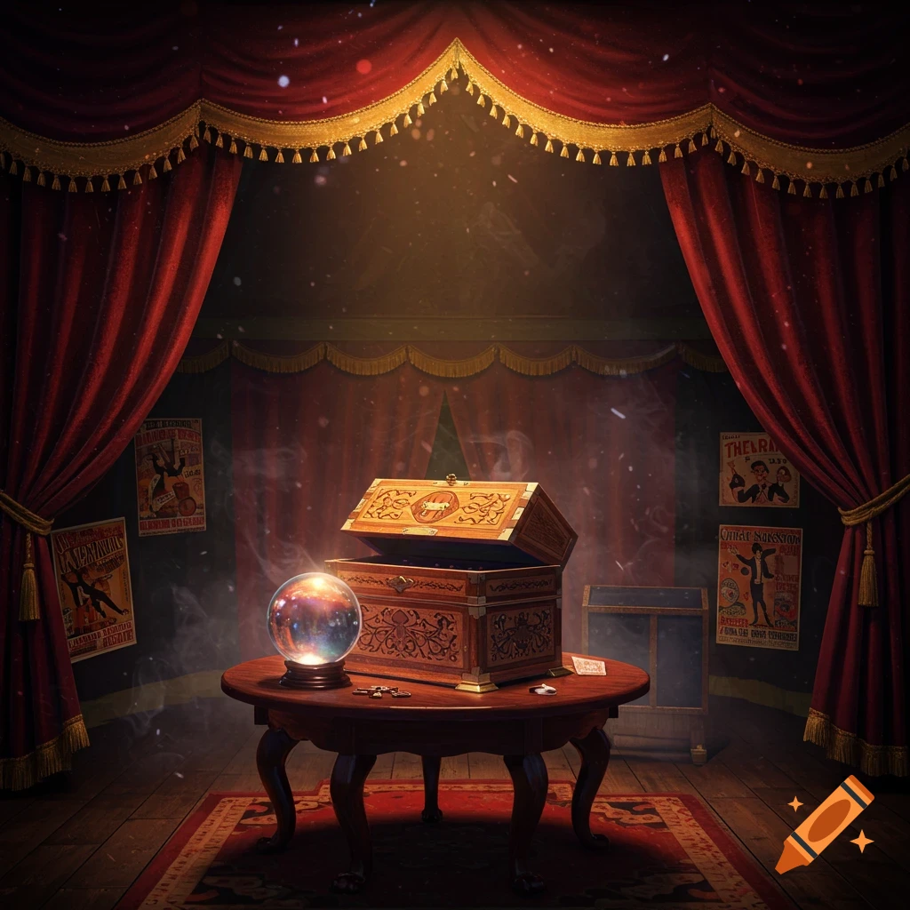 The interior of a magician's tent is shown, featuring a crystal ball, an open chest, and posters. The scene is under dramatic lighting.