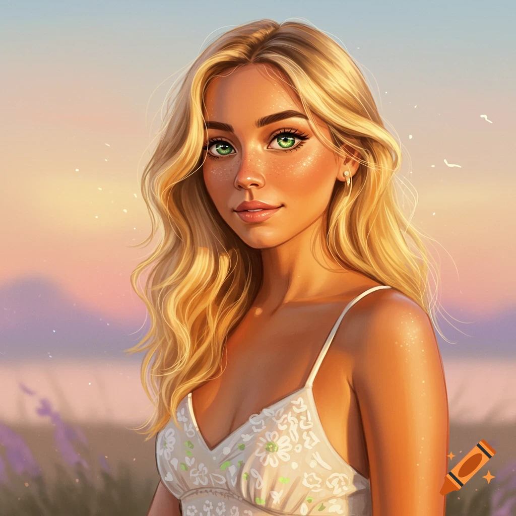 Digital art portrait of a blonde woman with green eyes in a floral dress.