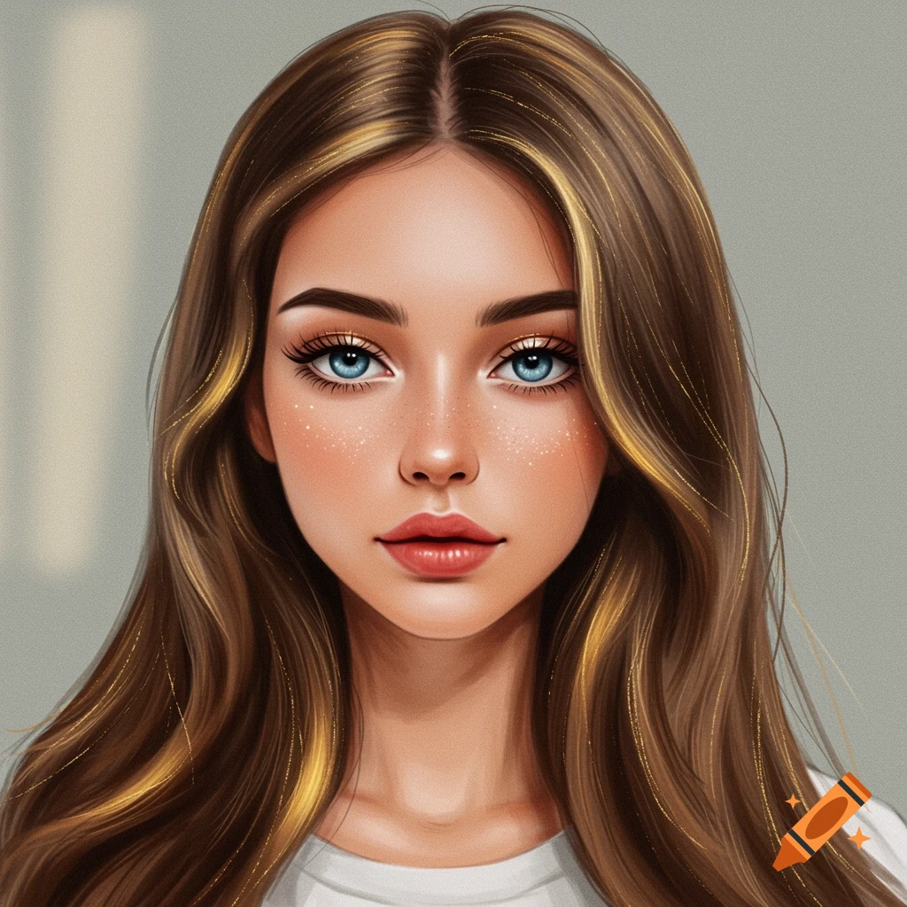 A woman with brown hair, gold highlights, and blue eyes.