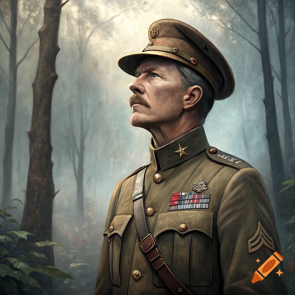 A man in a WWI-era military uniform looks up in a misty forest.
