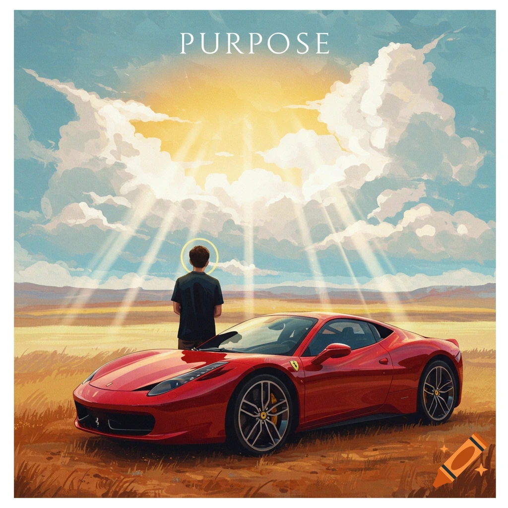 A person stands next to a red sports car in a field, with the word 'PURPOSE' at the top and sun rays shining down.