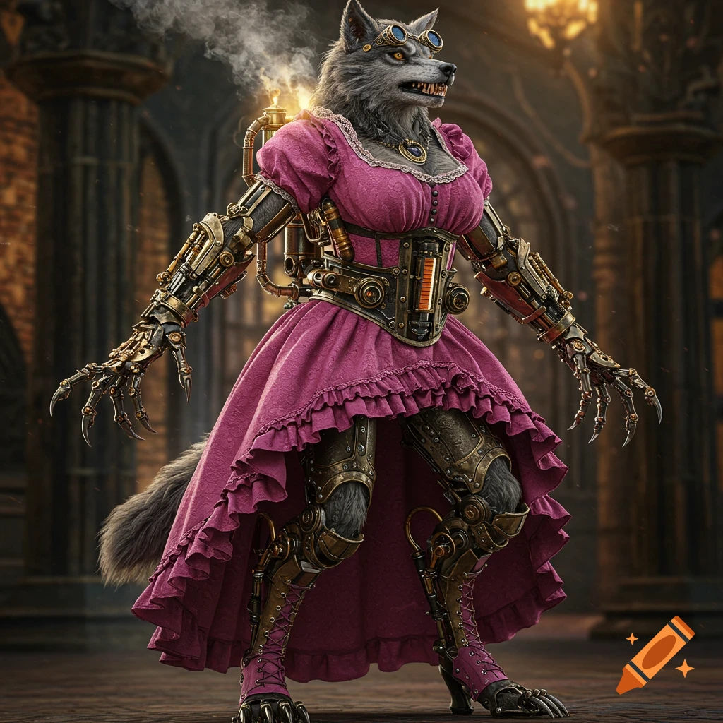 Steampunk werewolf in a pink high-low dress and boots stands in a gothic interior.