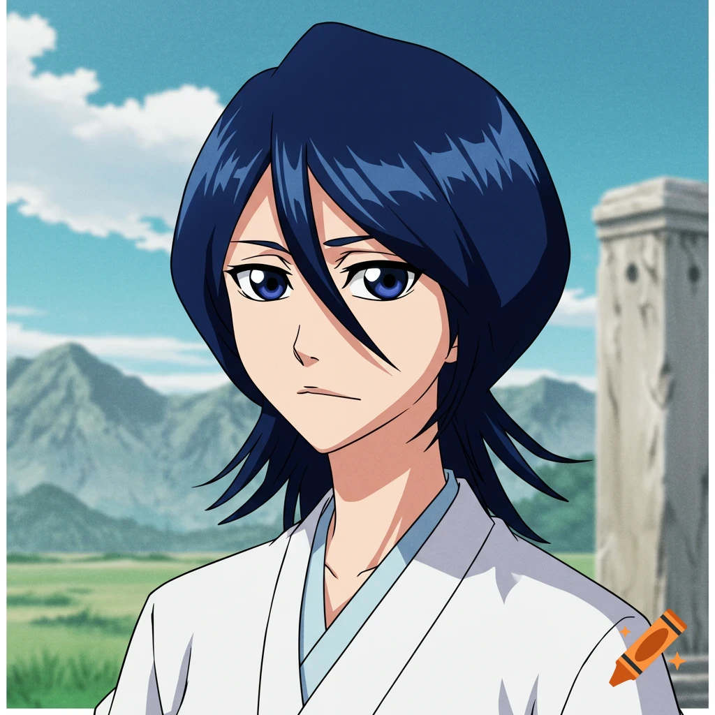 Anime portrait of Rukia Kuchiki in a white robe against a landscape.