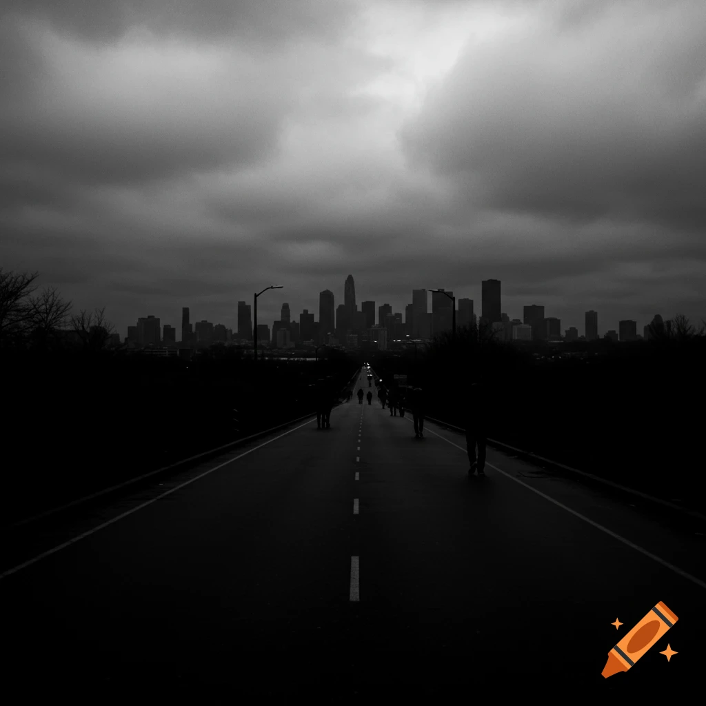 A dark road with silhouetted figures leads towards a city skyline under a cloudy sky.