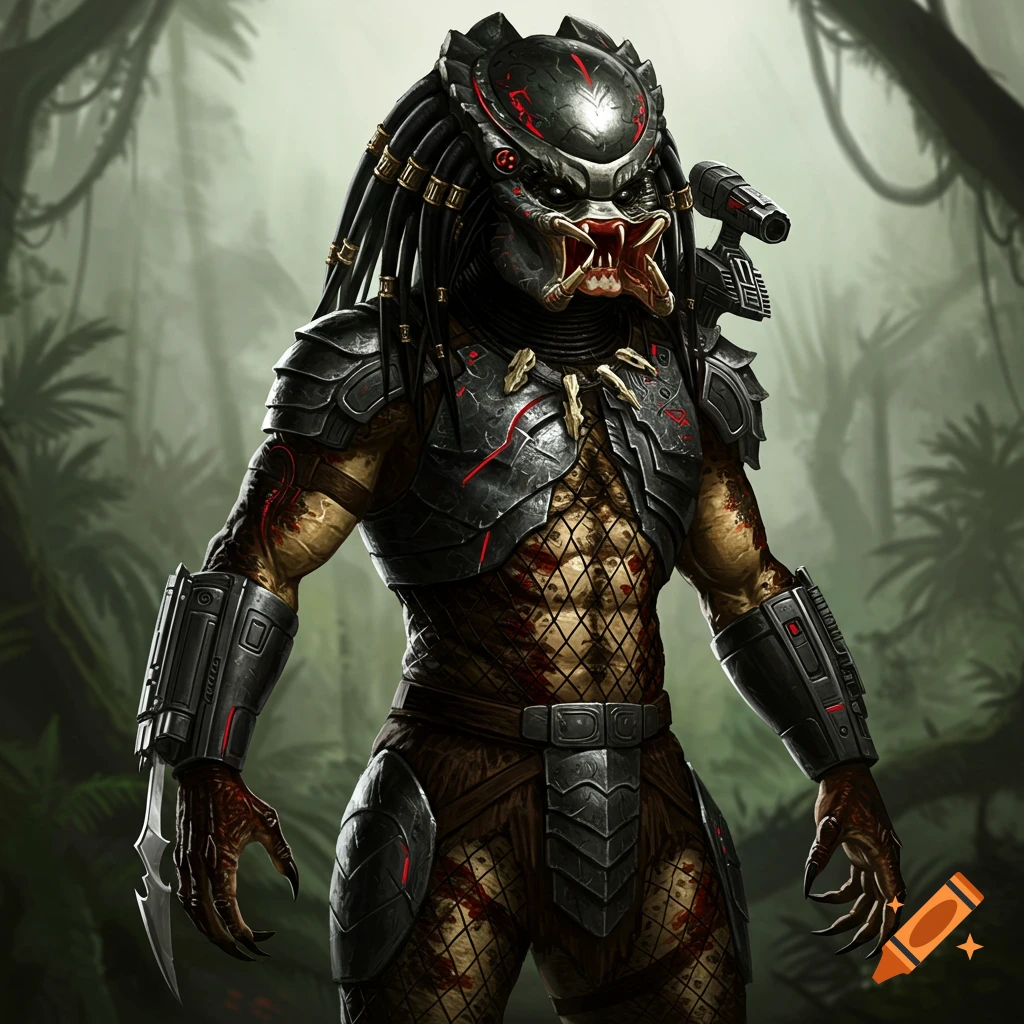 The Predator alien hunter stands in a jungle.