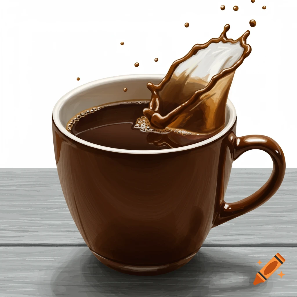 A coffee splash from a brown mug on a wooden surface.