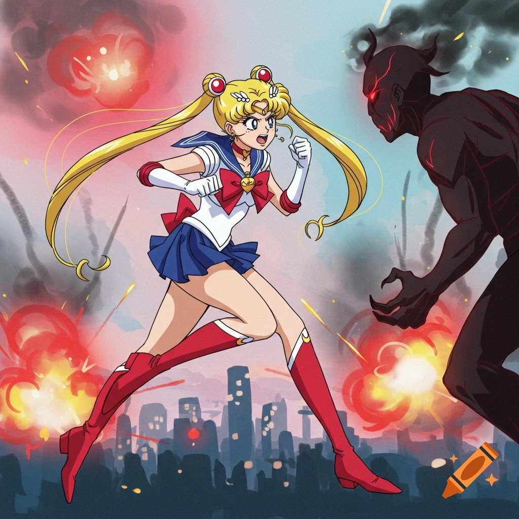 Anime style depiction of Sailor Moon fighting a dark demon creature in a city under attack.