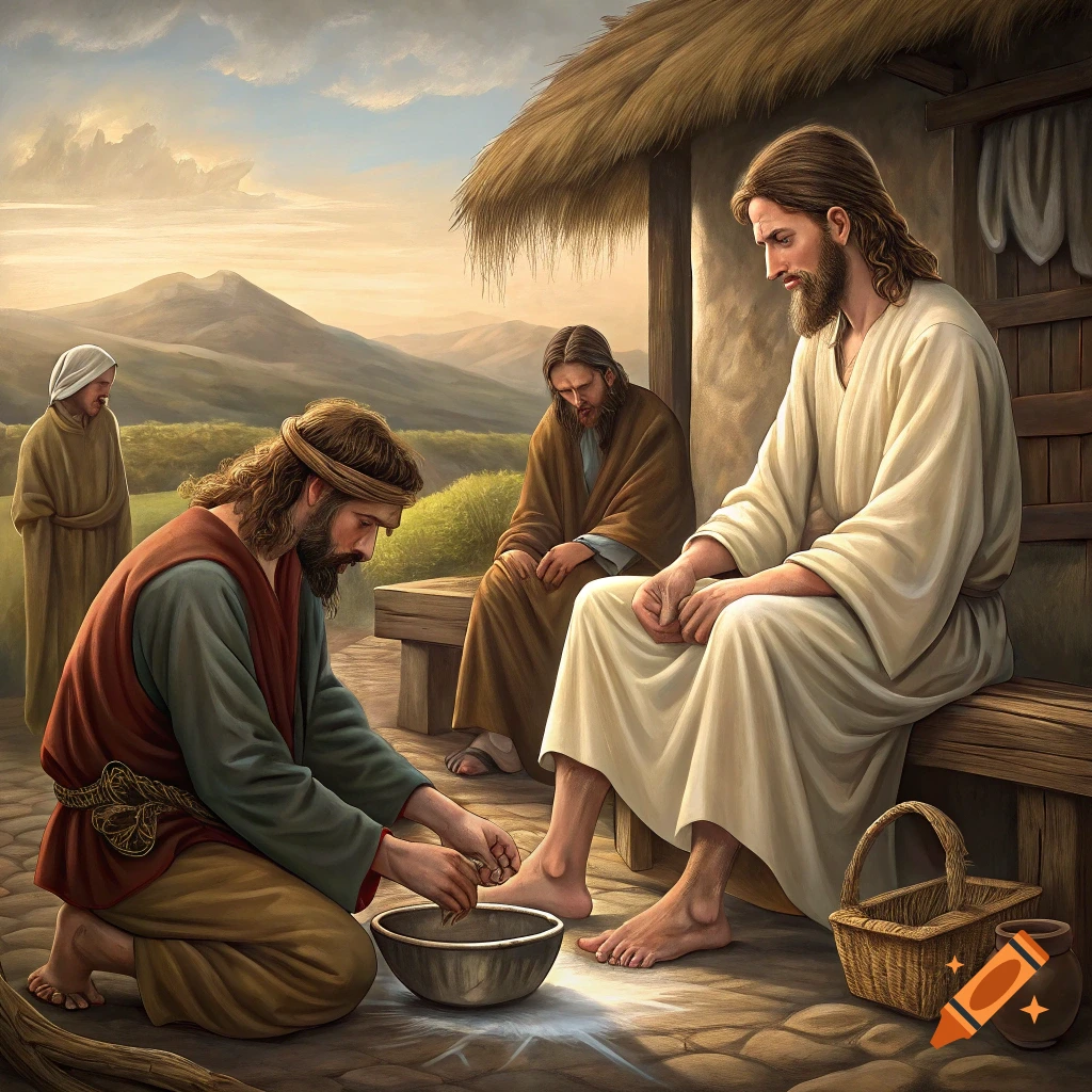 Jesus washing a disciple's feet outside a rustic building, epic painting style.