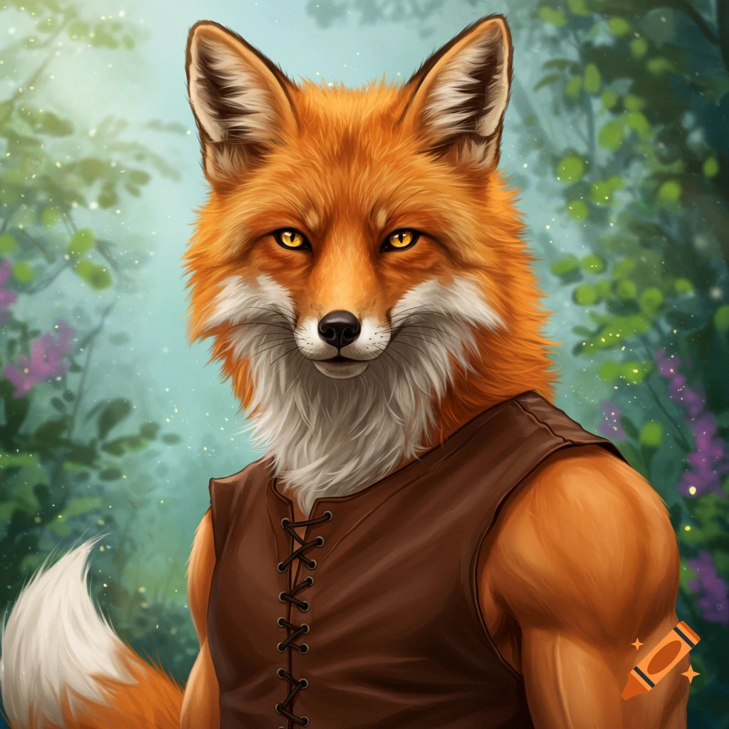 An anthropomorphic fox wearing a leather vest in a forest.