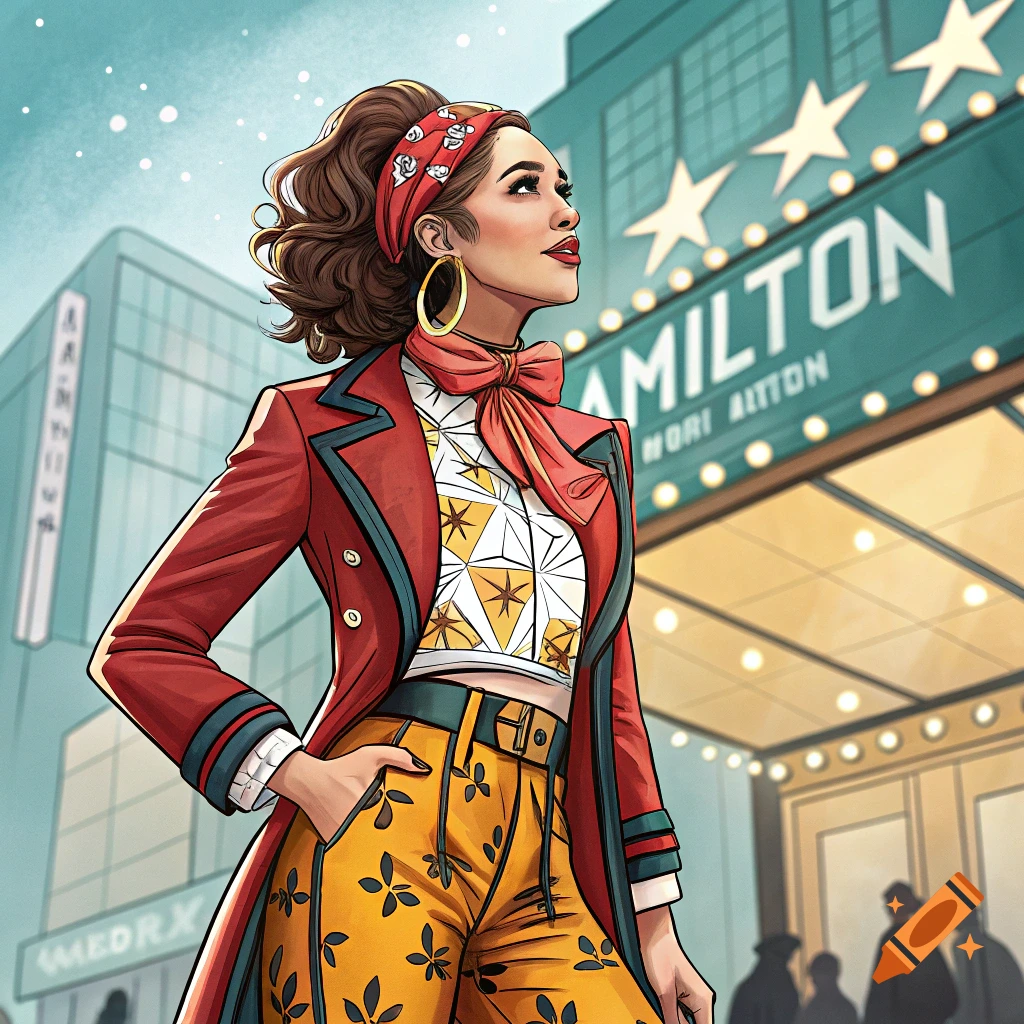Pop art style image of a woman in a red jacket and yellow pants outside a theater with a HAMILTON sign.