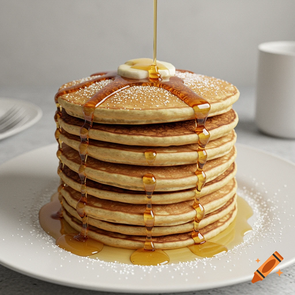 Stack of pancakes with syrup and butter on a plate.