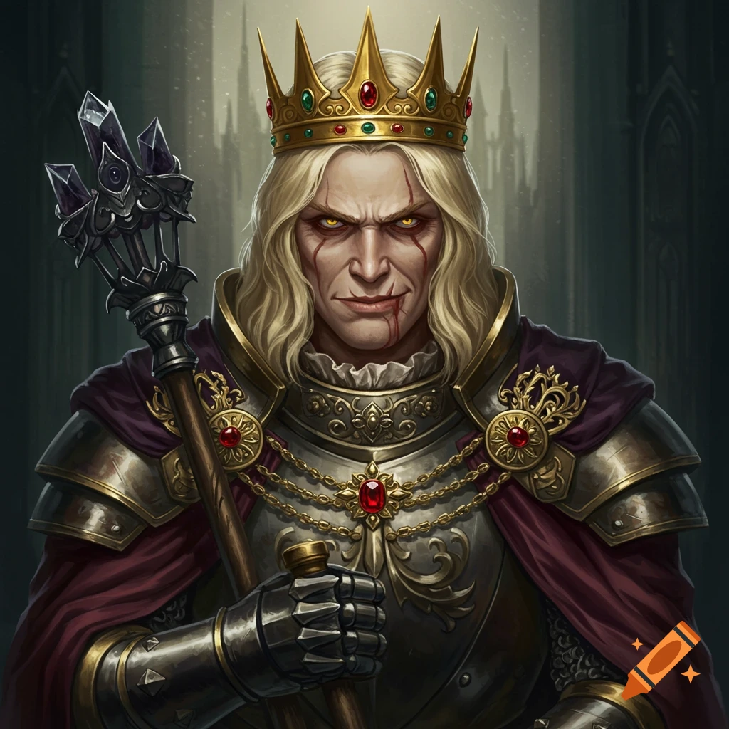 A cruel-looking blonde king in golden armor and crown, holding a staff.