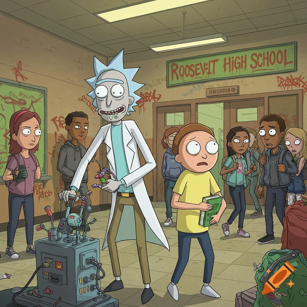 Rick and Morty with students in a school hallway. Rick has a machine, Morty holds a book.
