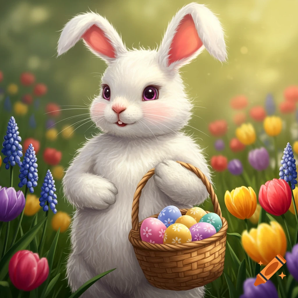 A whimsical Easter bunny holds a basket of colored eggs in a vibrant spring garden.