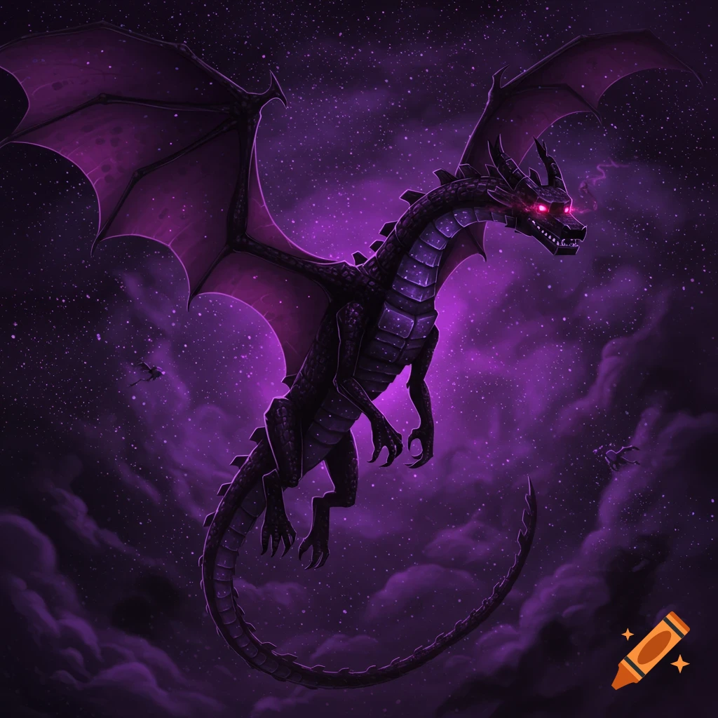 An Ender dragon flying in a purple starry sky with clouds.