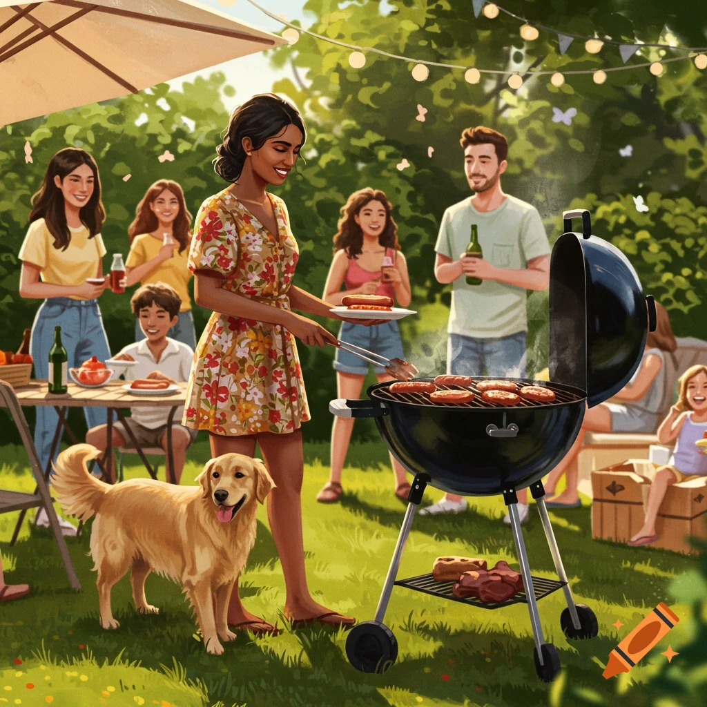 A family with a dog having a barbecue in a sunny backyard.