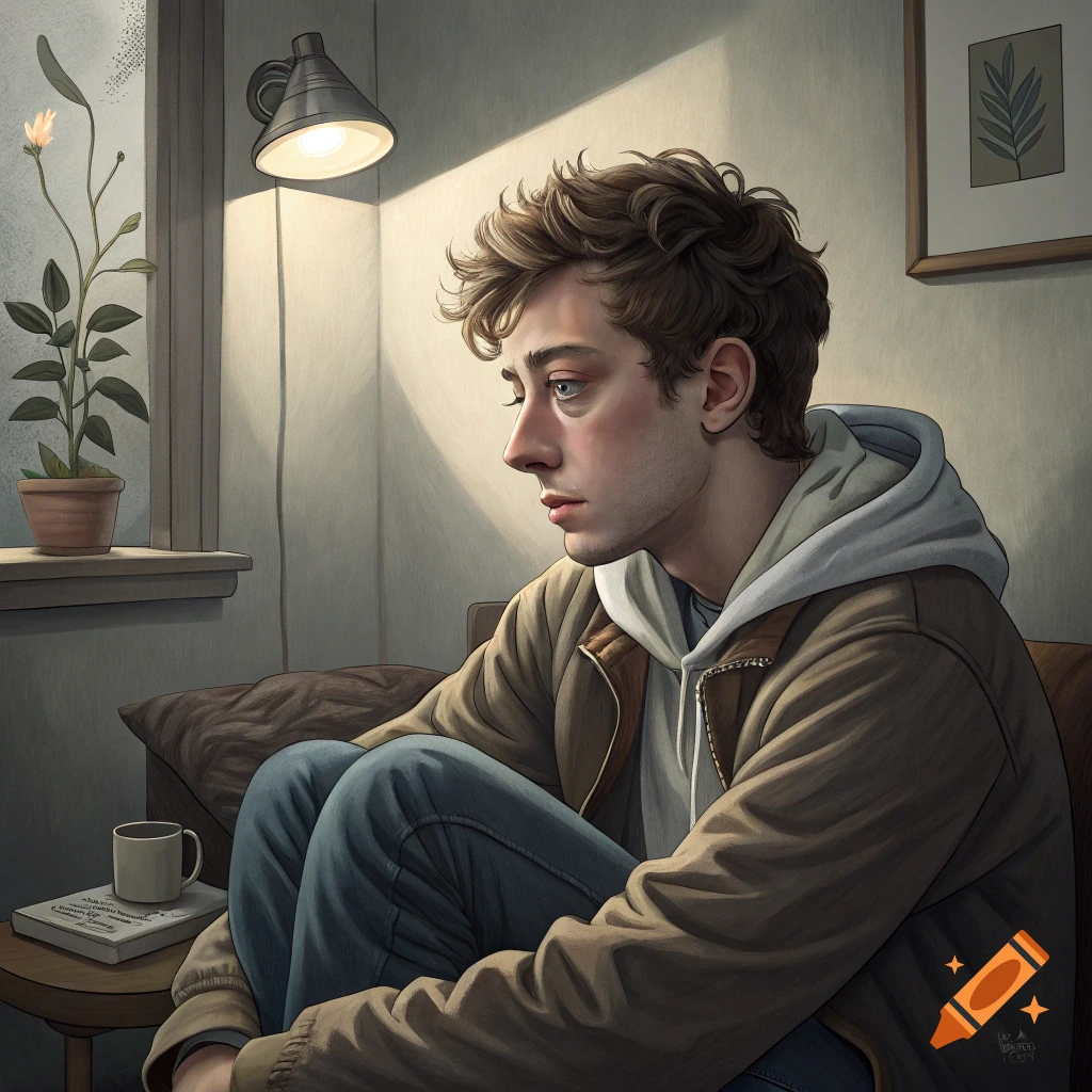 A young man with curly brown hair sits on a couch, looking out a window in a dimly lit room, a book and mug on a table beside him.