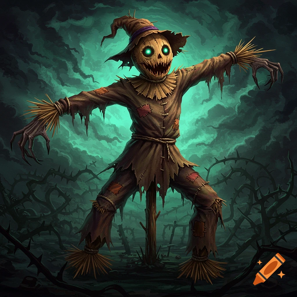 Dark scary scarecrow with glowing eyes in a thorny landscape