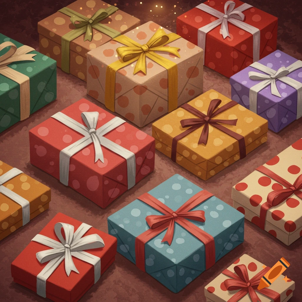 Multiple colorful wrapped gift boxes with ribbons