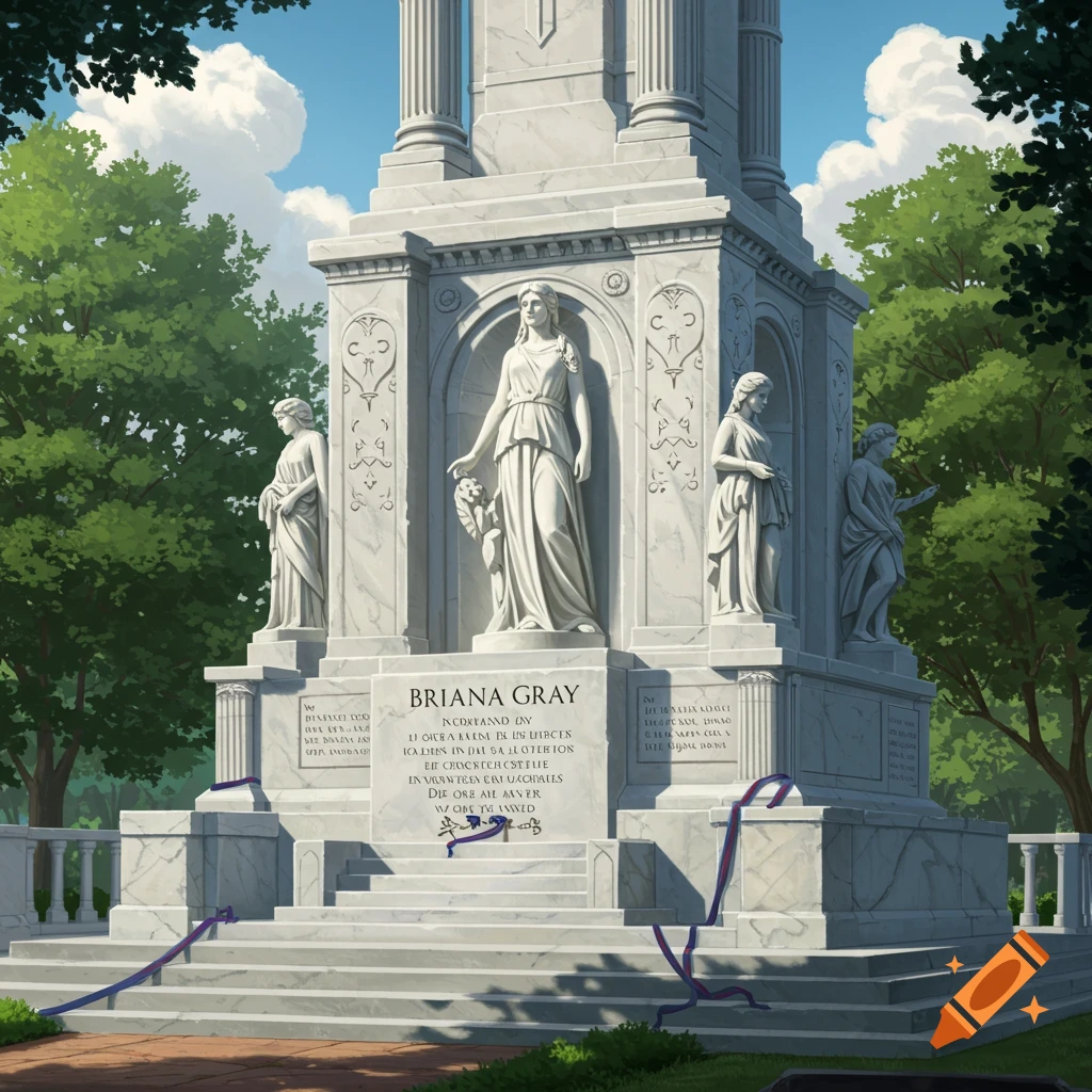A large marble monument with statues and text on its base, set in a green park with trees.