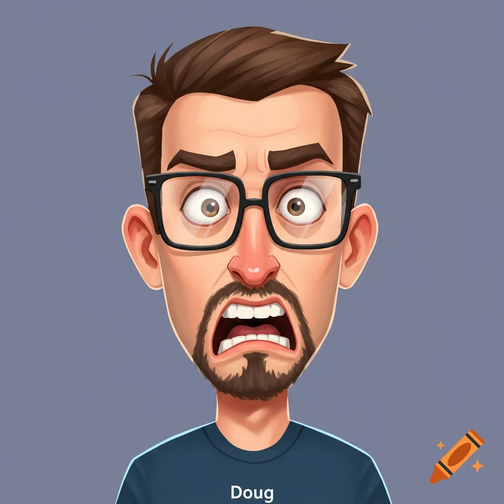 A cartoon portrait of a man with glasses, a goatee, and a distressed expression. The name Doug is on his shirt.