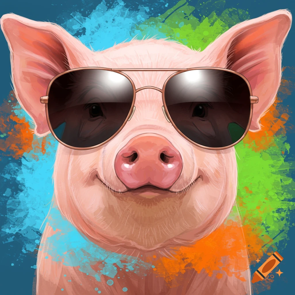 A pig wearing sunglasses against a blue background with colorful splatters