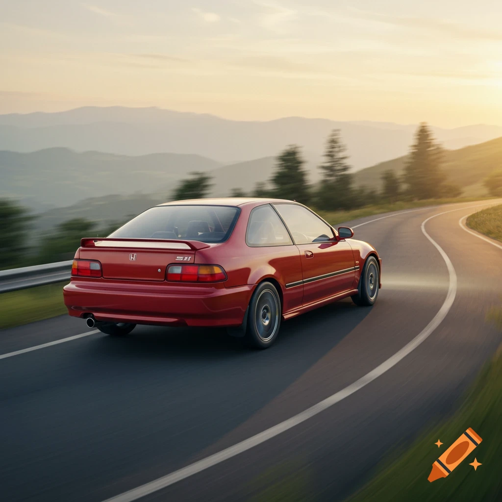 Red Honda Civic Si coupe driving on a mountain road at sunset.