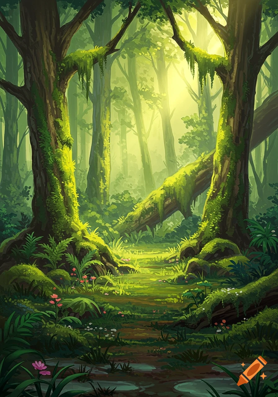 A sunlit pathway through a lush, moss-covered forest with large trees and fallen logs.