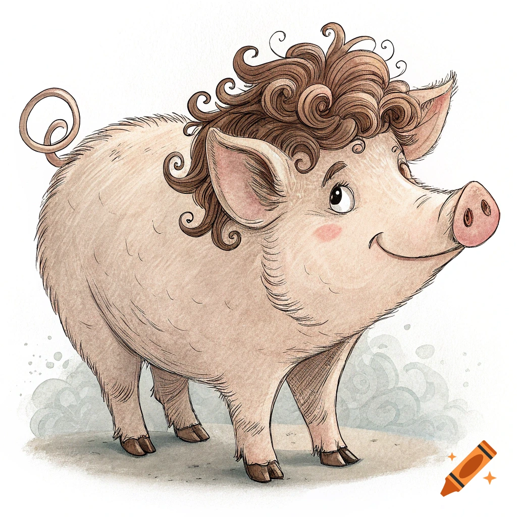 Cartoon illustration of a pig with curly brown hair looking up.