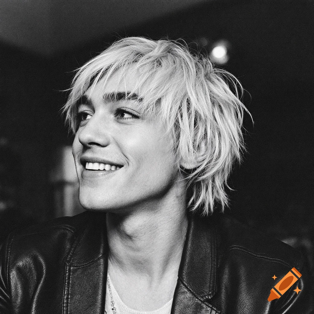 Black and white portrait of a young man with blond hair in a leather jacket, smiling.