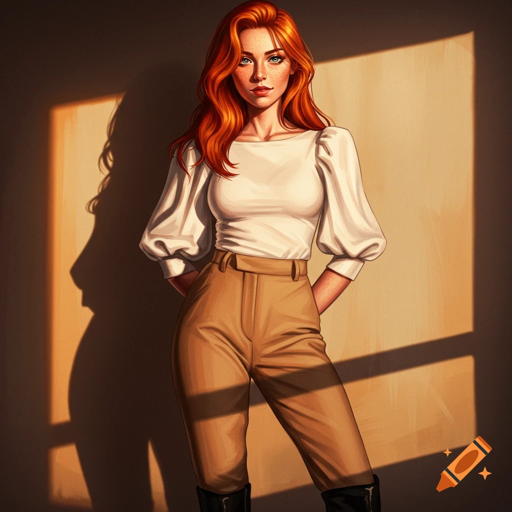 A red-haired woman in white top and tan pants standing near a wall with shadows.