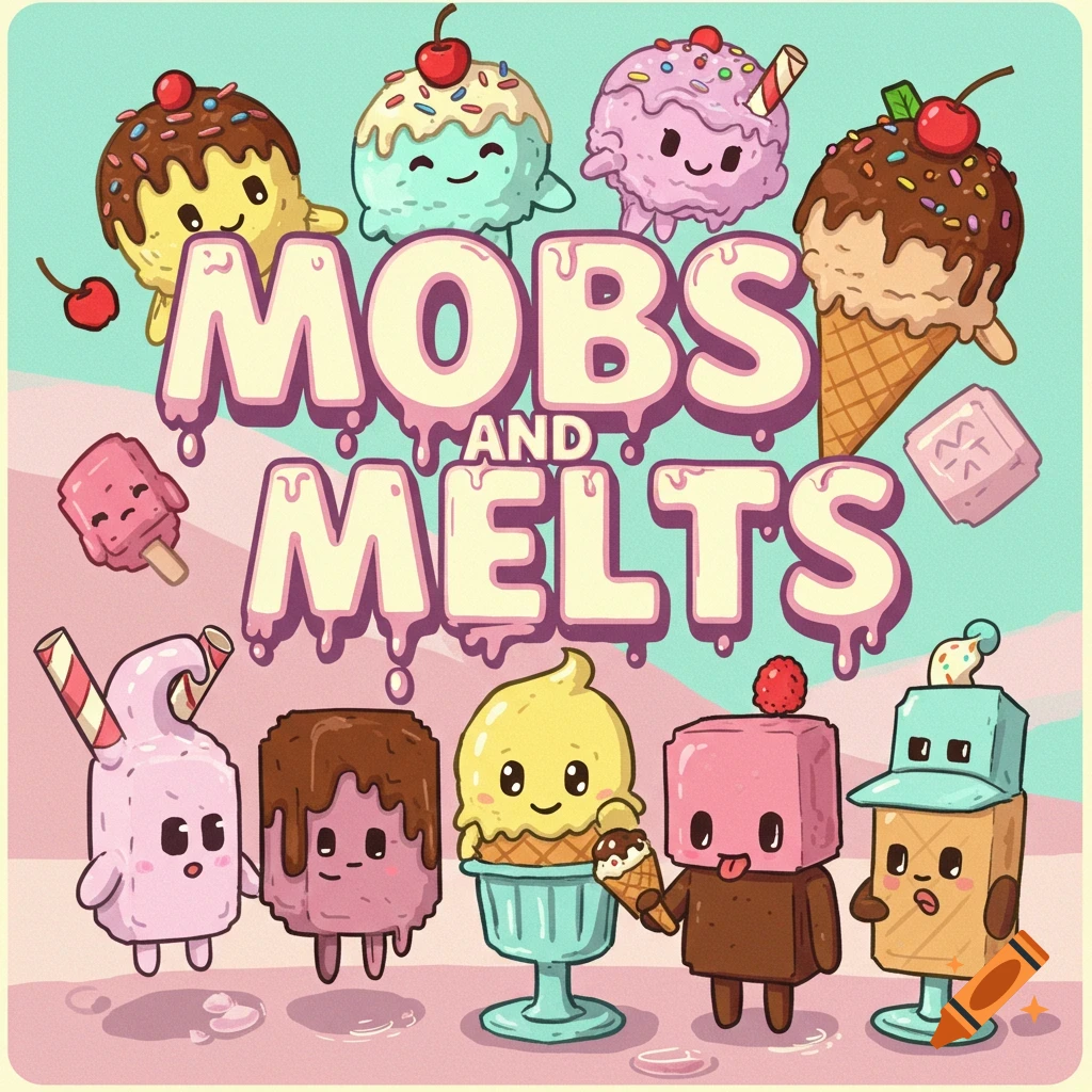 Cartoon style of smiling ice cream characters with the title text 'MOBS AND MELTS'