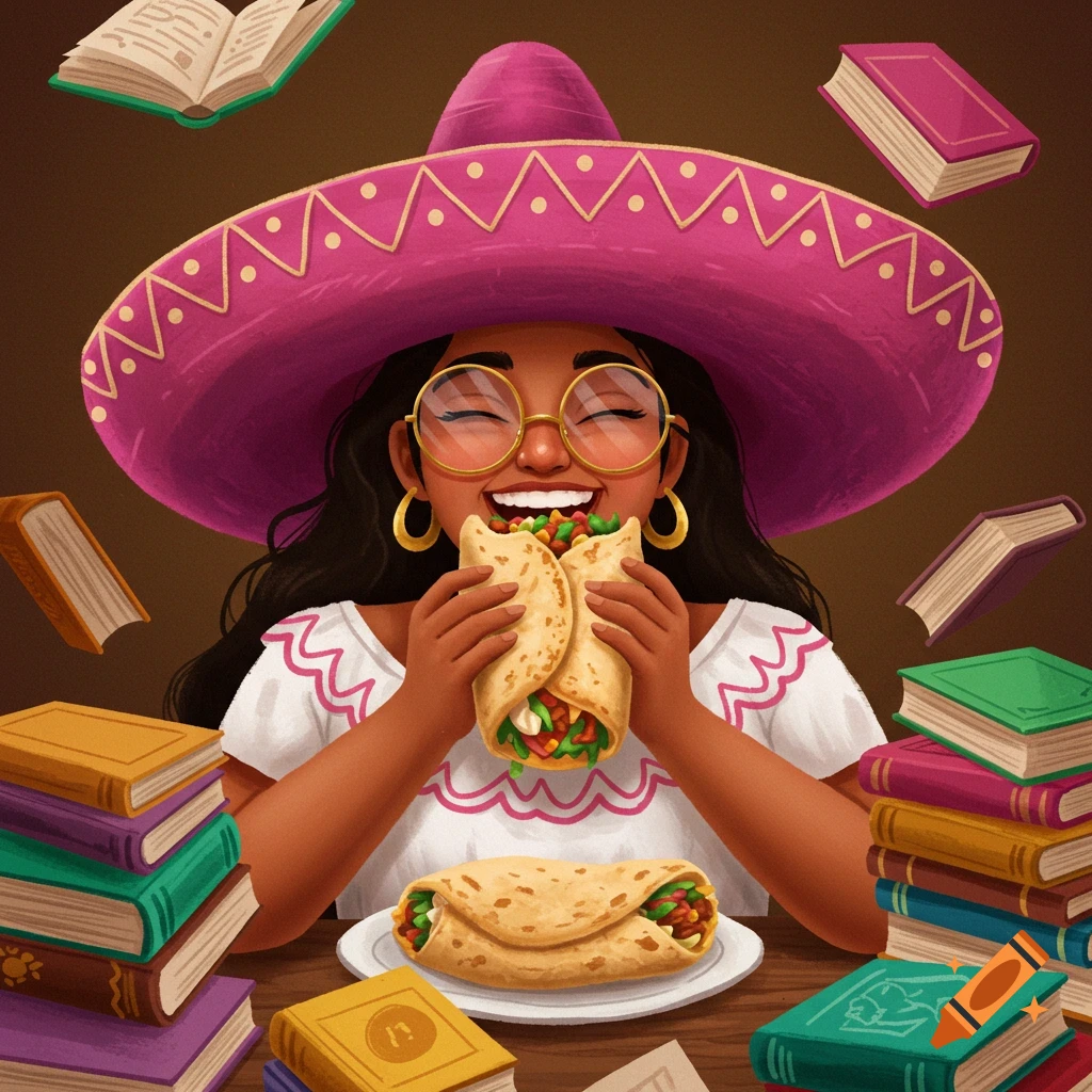 Illustration of a happy woman in a pink sombrero eating a burrito, surrounded by books.