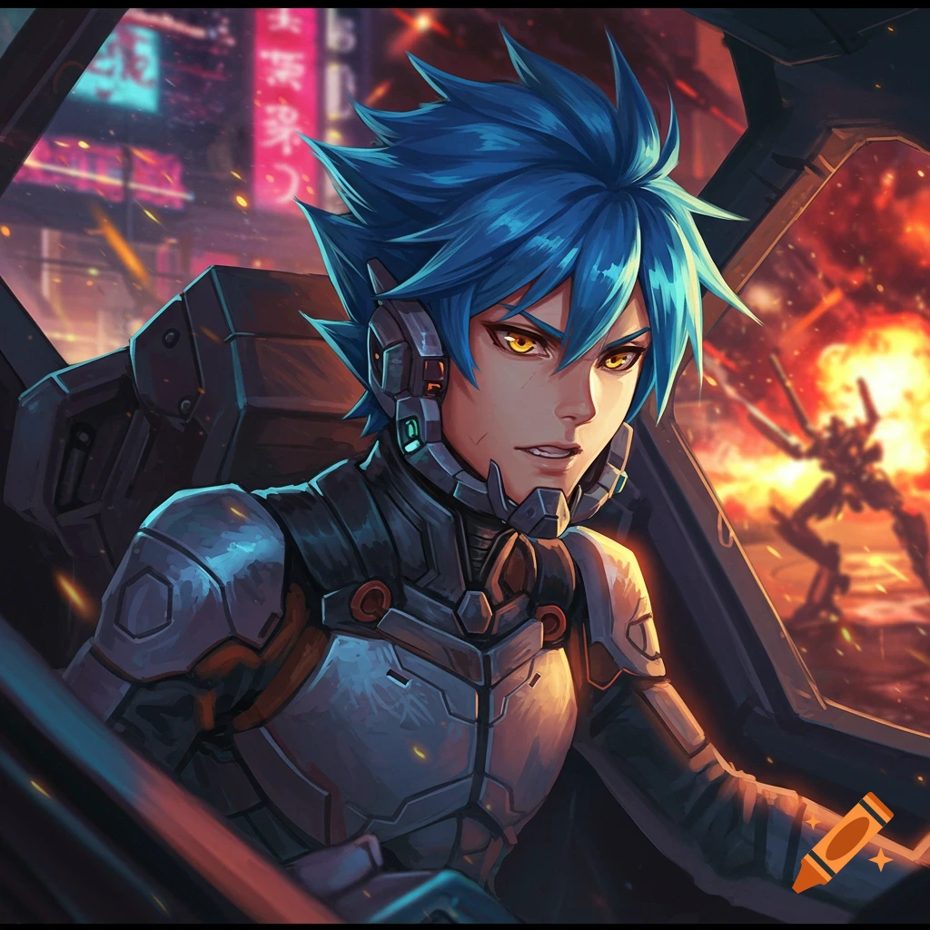 Anime image of a blue-haired mech pilot in a cockpit, with a futuristic city and robot battle behind him.