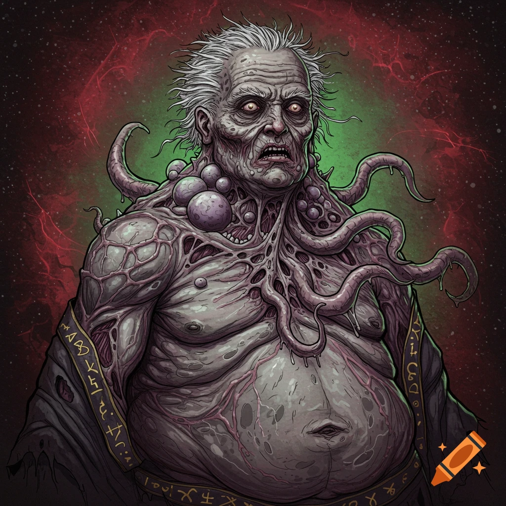 Illustration of a grotesque, mutated elderly creature with tentacles and strange symbols.