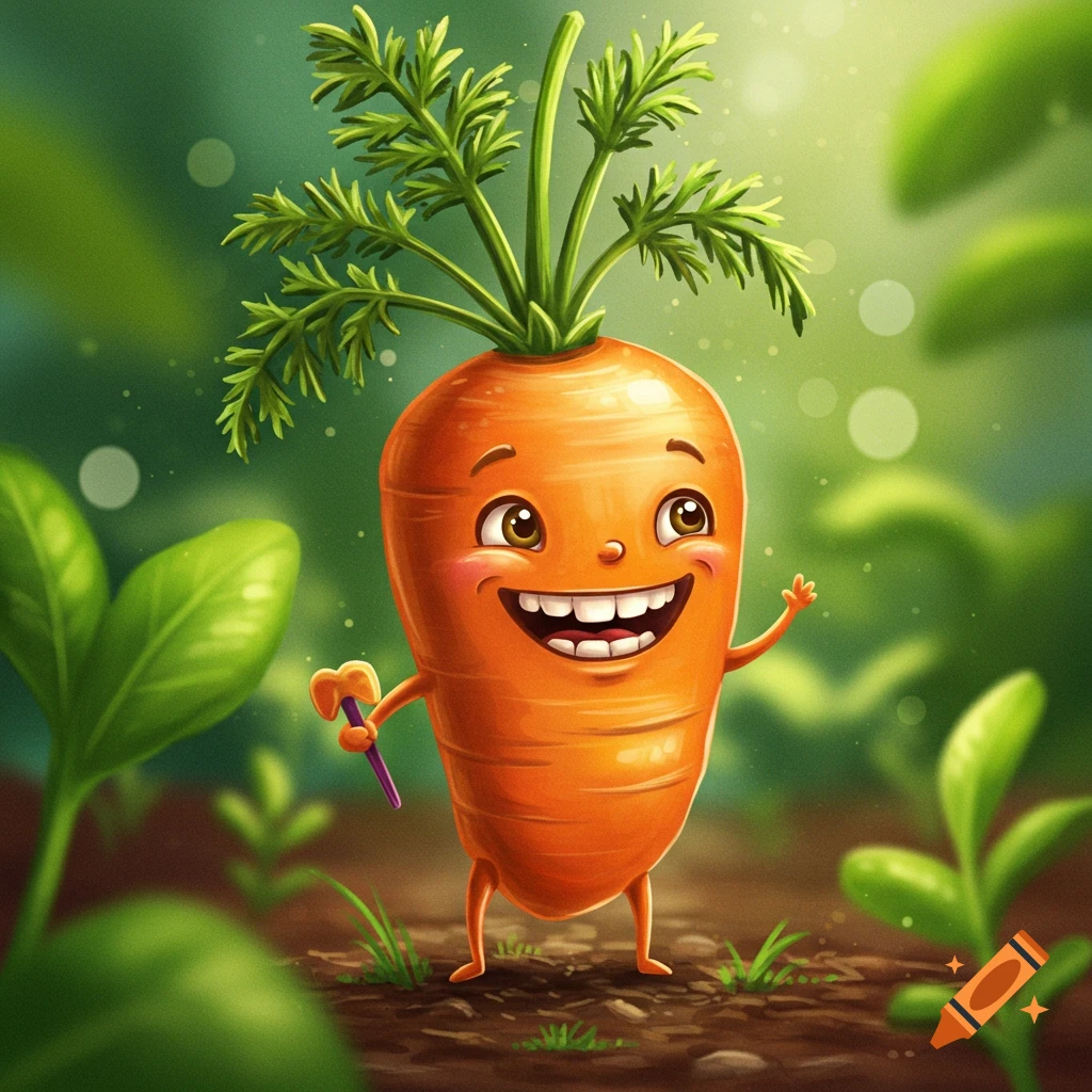 A cute smiling cartoon carrot character stands in a garden holding a small trowel.