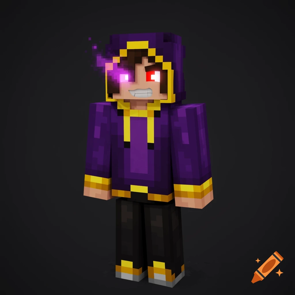 A 3D render of a Minecraft character in a purple hoodie with gold trim, dark hair, one glowing purple eye and one red eye, black pants, and gold shoes.