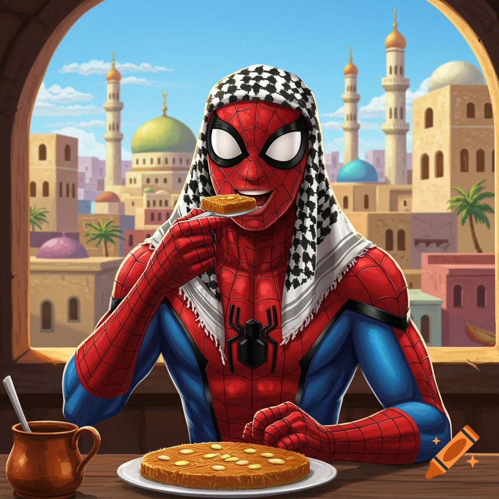 Cartoon-style Spider-Man in a keffiyeh eats kunafa with a Middle Eastern city skyline in the background.