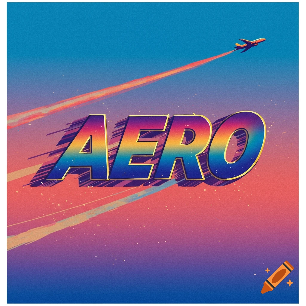 A retro-style image showing the word "AERO" in large colorful 3D letters with an airplane flying above against a gradient sky.