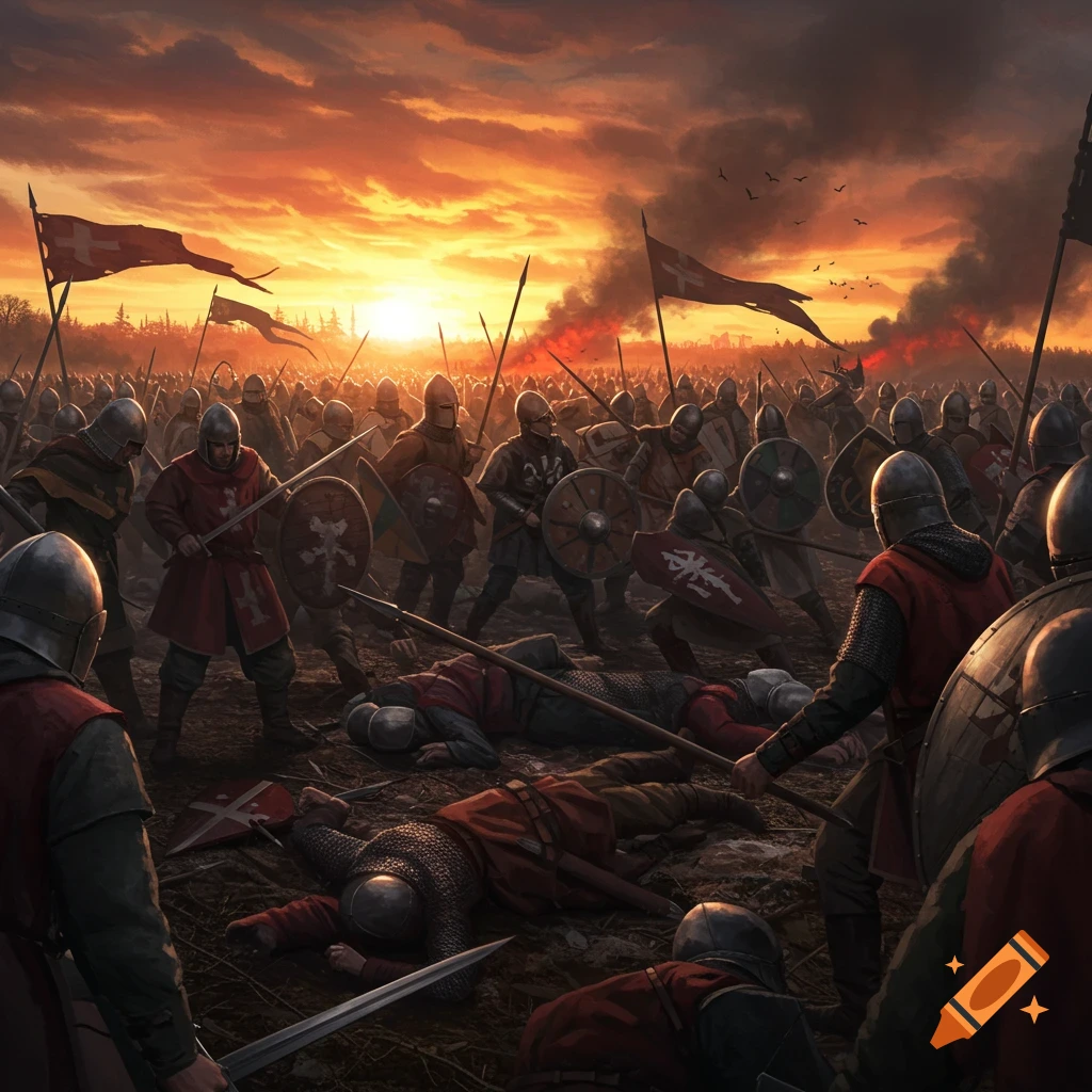 A large medieval battle scene at sunset with soldiers fighting and fallen warriors.