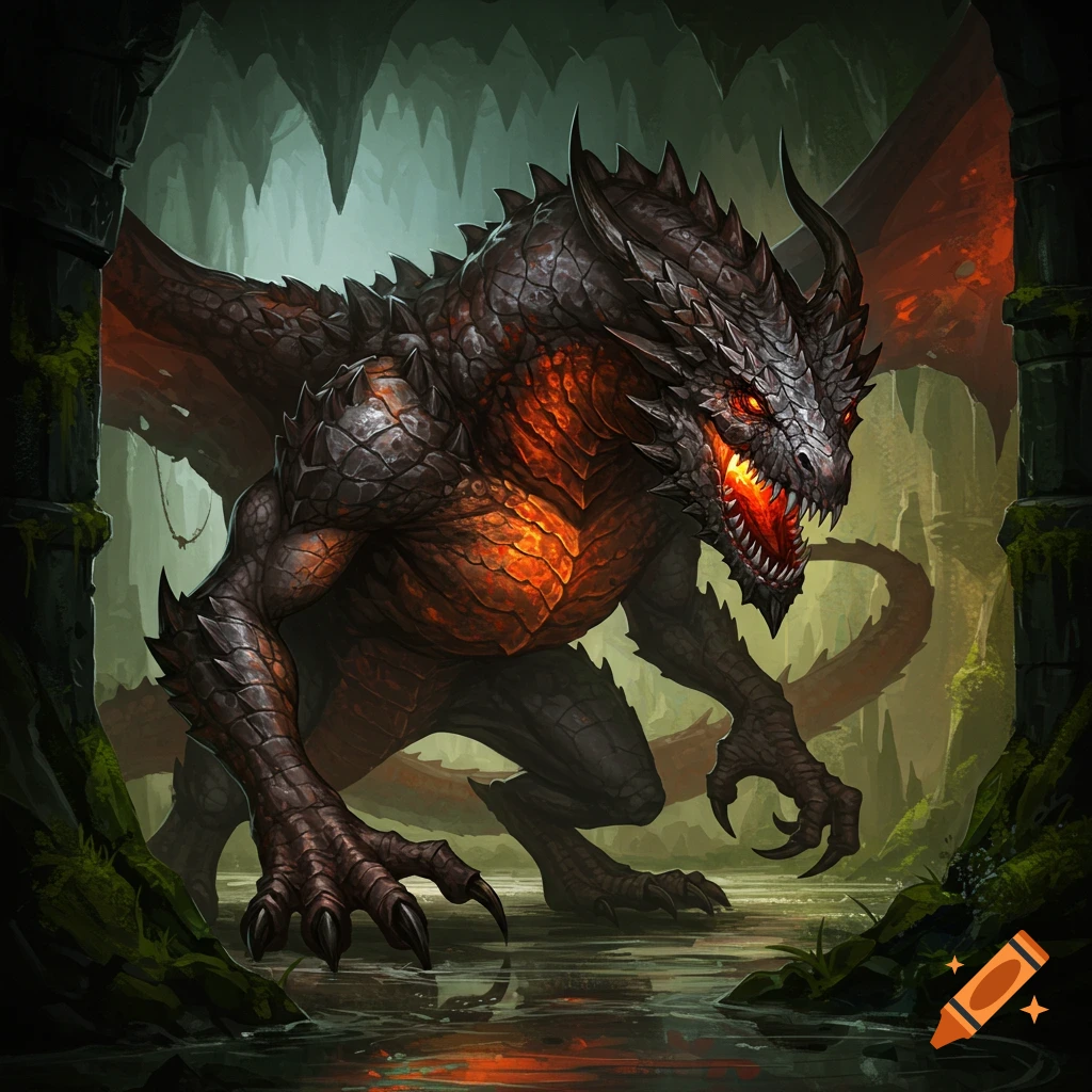 A detailed image of a dark, fierce dragon with glowing eyes and chest, crouching in a damp cave.