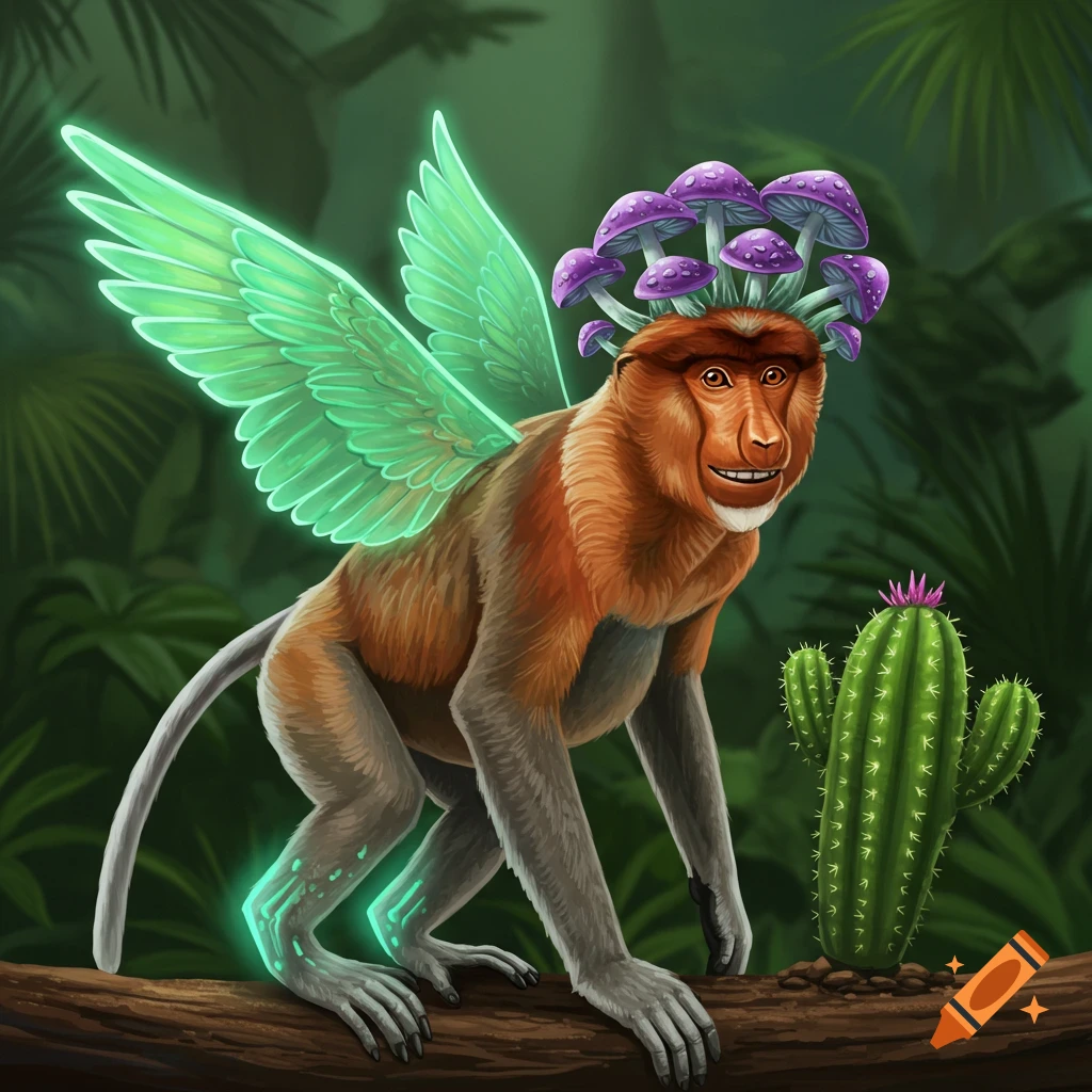 A fantasy monkey with glowing wings and mushrooms on its head is in a jungle.