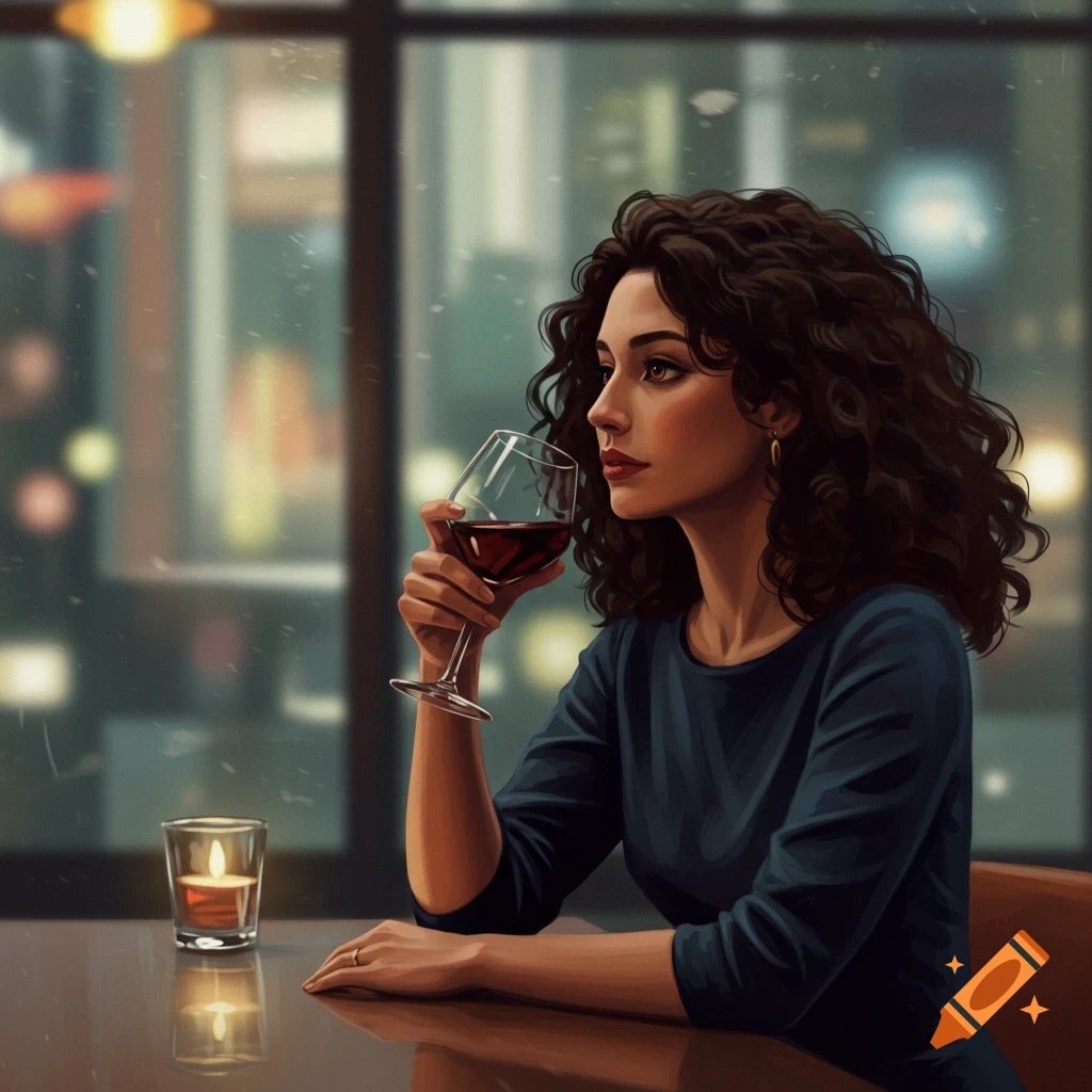 Woman sitting at a table holding a glass of red wine, looking out a window at night.