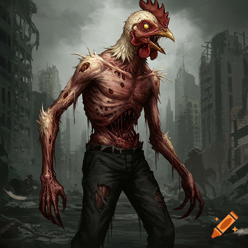 A zombie human with a chicken head is standing in a destroyed city.