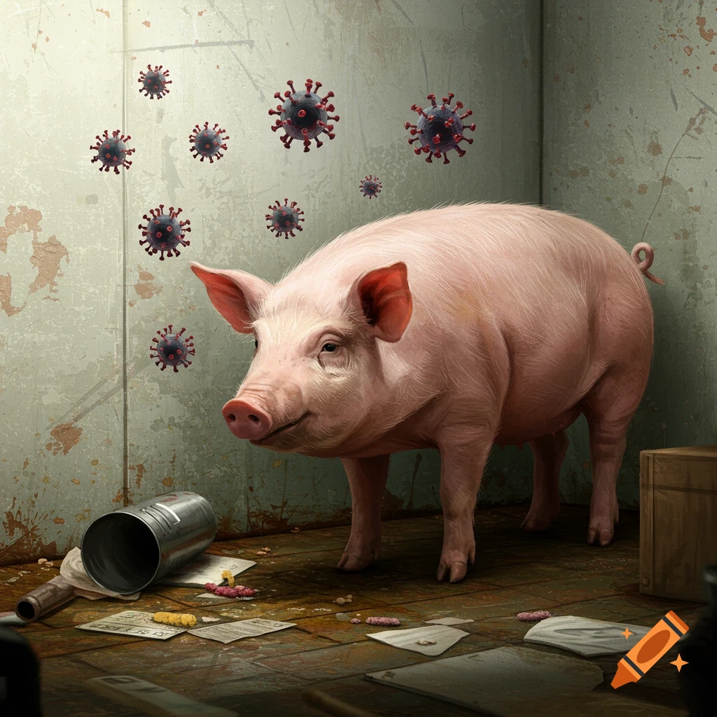 A pig standing in a room with cartoon virus symbols on the wall.