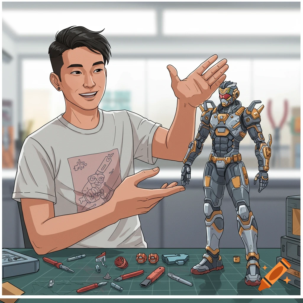 A man presents a large action figure in a workshop.