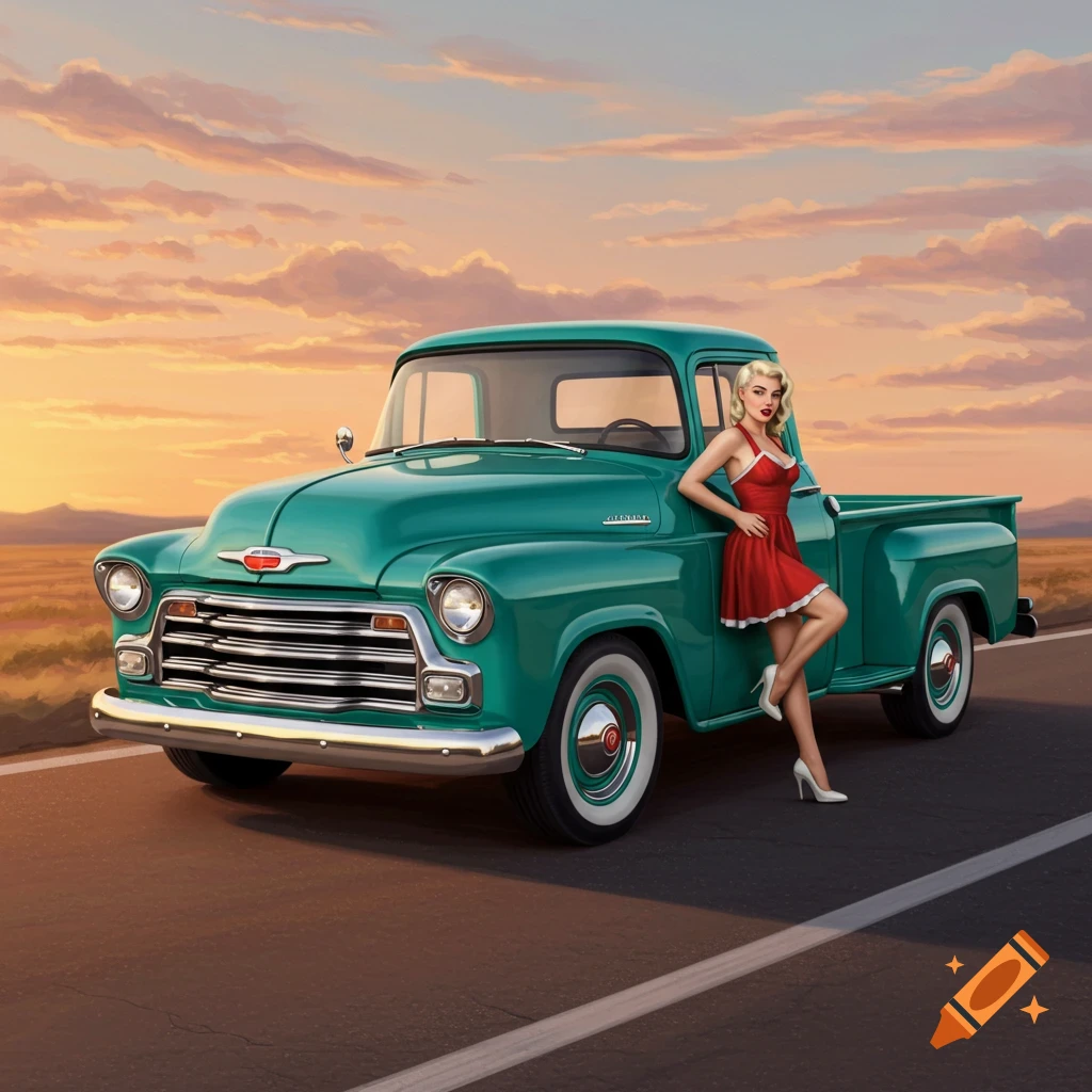 A pinup girl leans on a green vintage Chevy truck on a road at sunset.