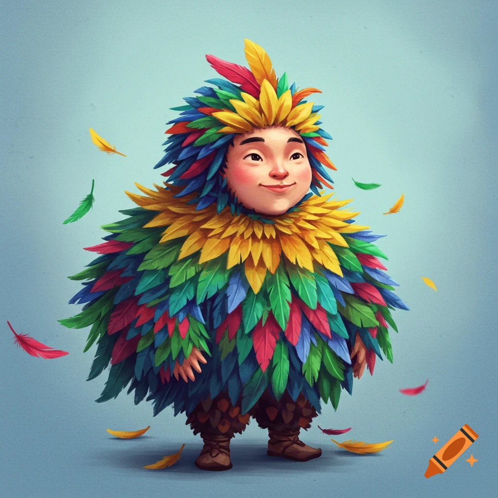 A person in a vibrant, colorful feather costume